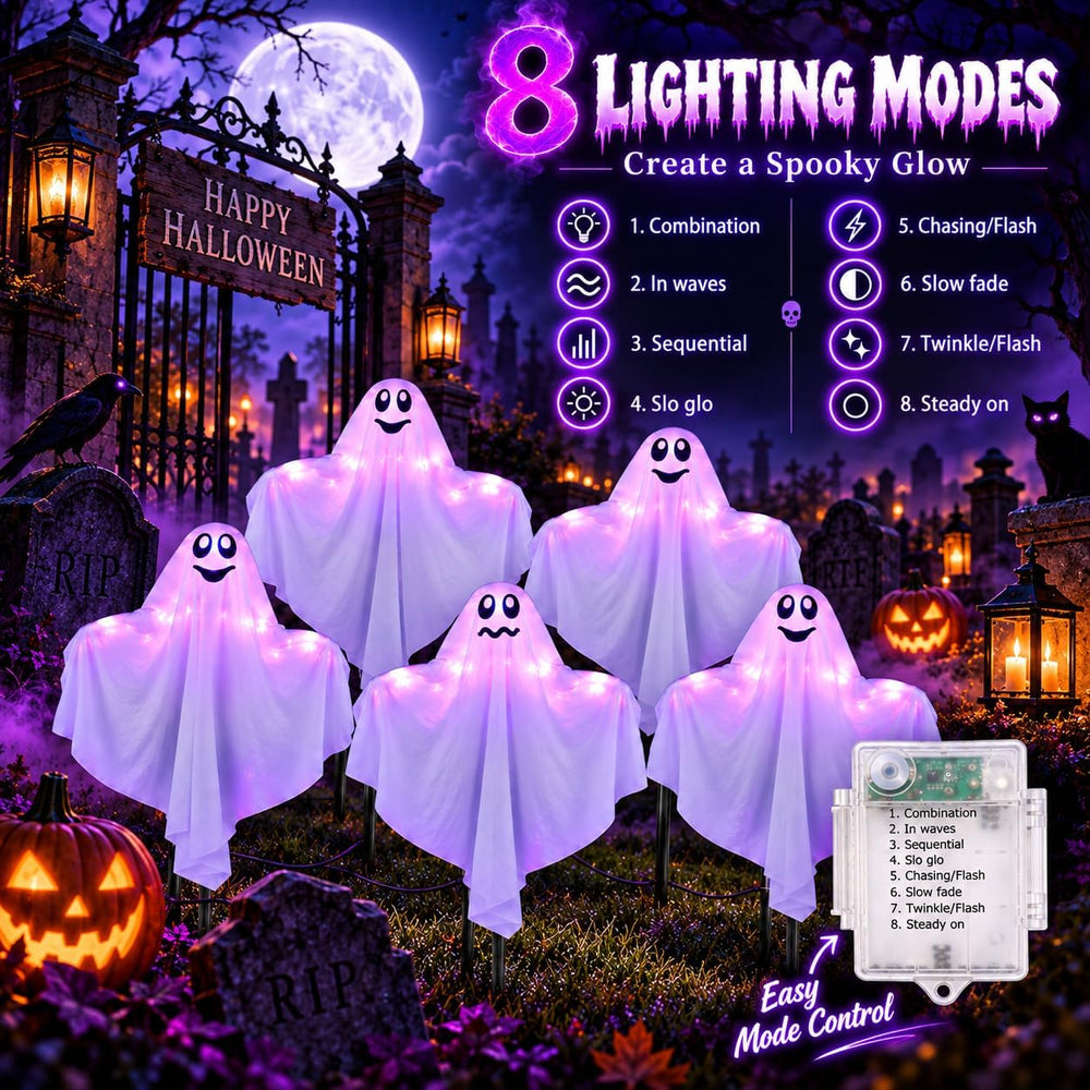 5 Pack Lighted Ghost Halloween Decorations Outdoor, 21" Cute Glowing Pur...
