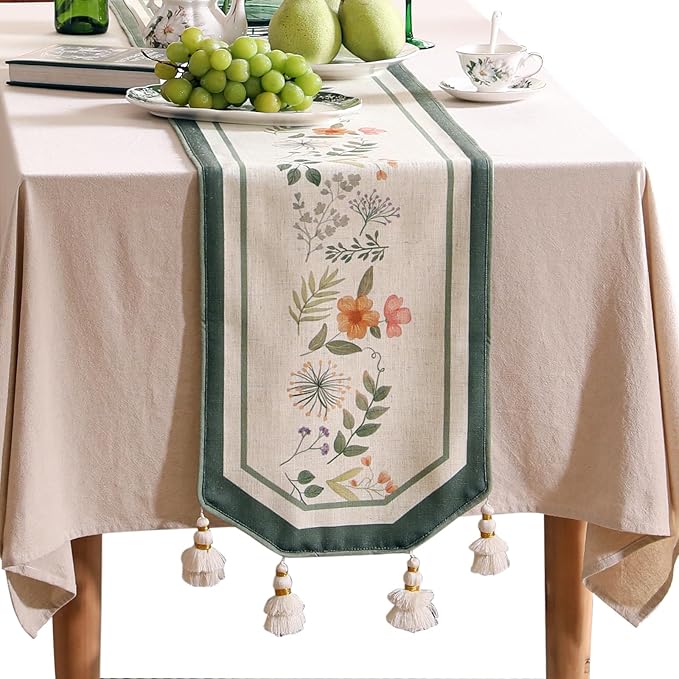 Designer Linen Small Table Runner,French Farmhouse Shabby Chic Floral Pattern 63 Inches Long Wrinkle Free Table Runners,Decor Tabletop for Kitchen,Dining,Party,Home,Christmas,12"*63"