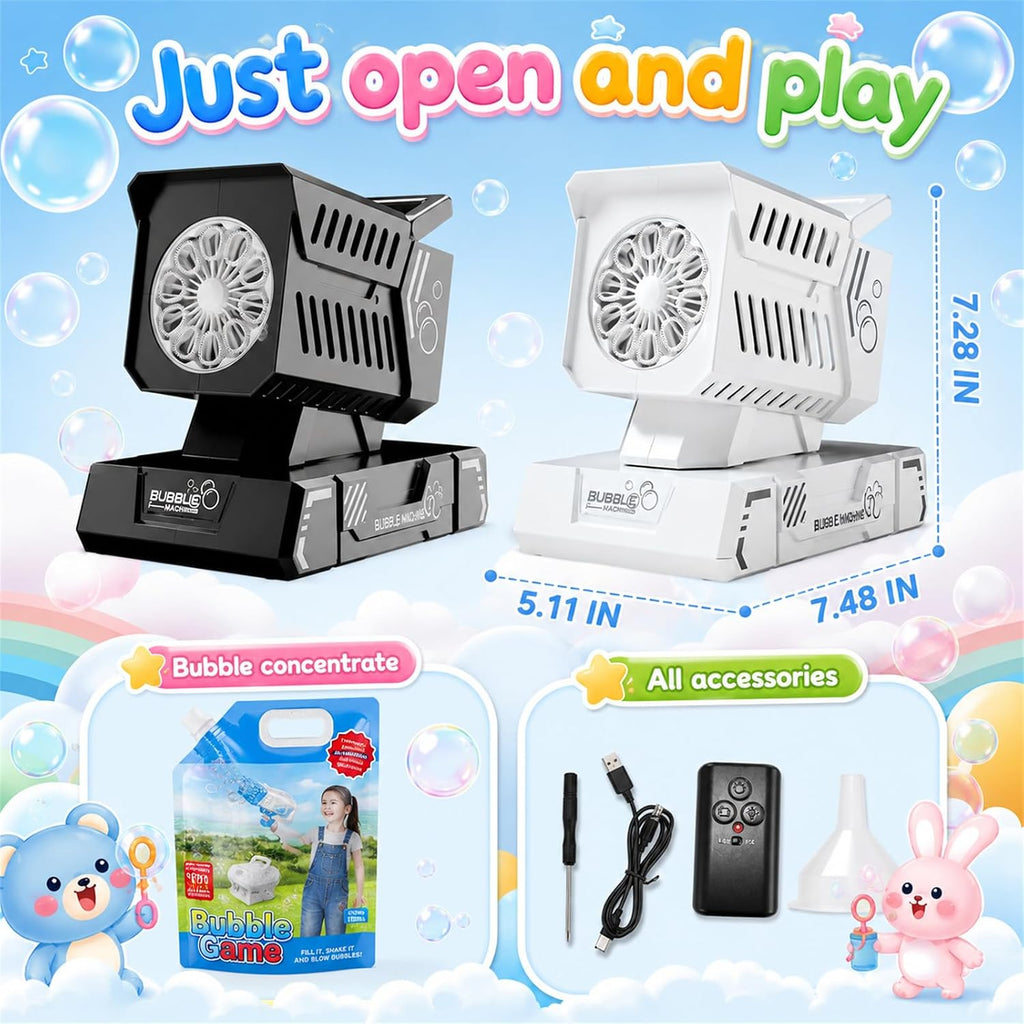 shcke bubble machine with remote control, auto rotation, front angle view