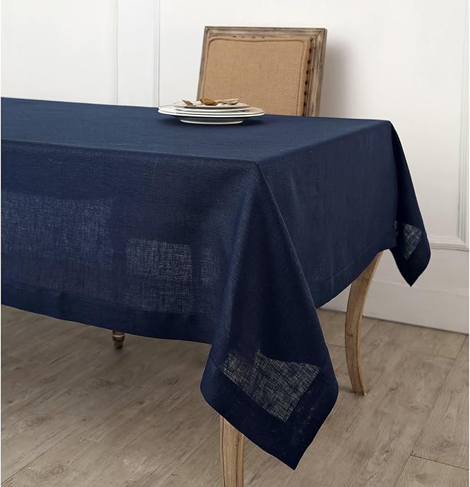Solino Home Navy Blue Tablecloth 60 x 108 Inch - 100% Pure Linen Rectangular Tablecloth - Machine Washable Table Cloth for Fall, Autumn, Thanksgiving, Christmas, Holiday - Fete