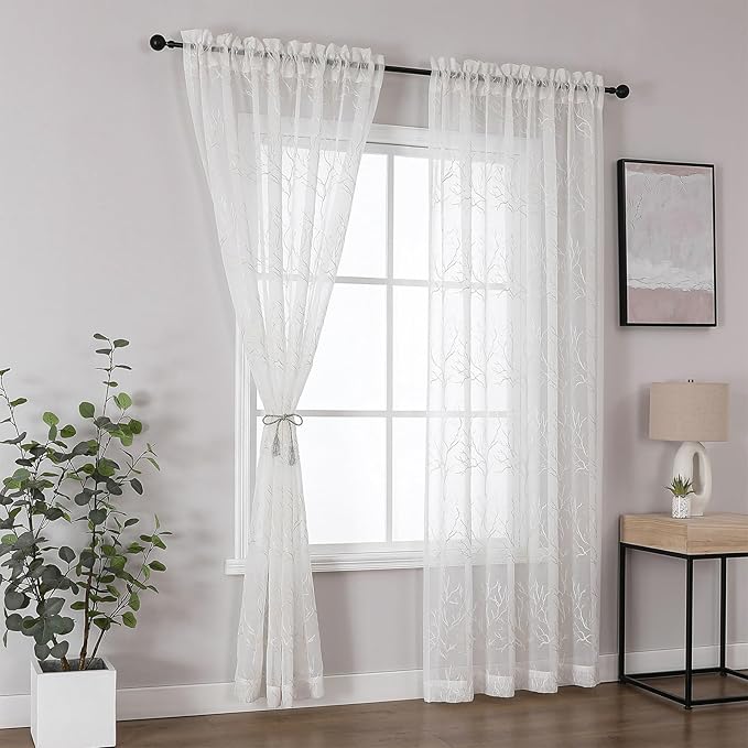 VISIONTEX Sheer Curtains 72 inch Length 2 Panels Set, Decorative Beige Coral Embroidery, Rod Pocket Embroidered Window Drapes for Living Room and Bedroom, 54" x 72"