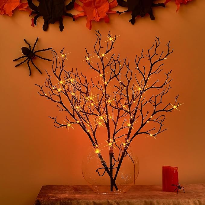 Birchlitland Halloween Branch Lights with Timer Battery Operated 75 LED Orange Fairy Lights, Lighted Black Willow Branches 21IN for Home Decor