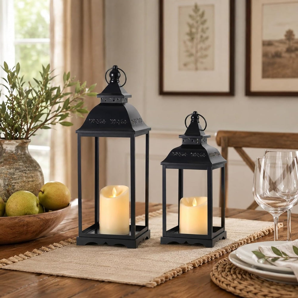 Decorative Metal Lanterns Outdoor Indoor, Set of 2 Black Candle Lanterns