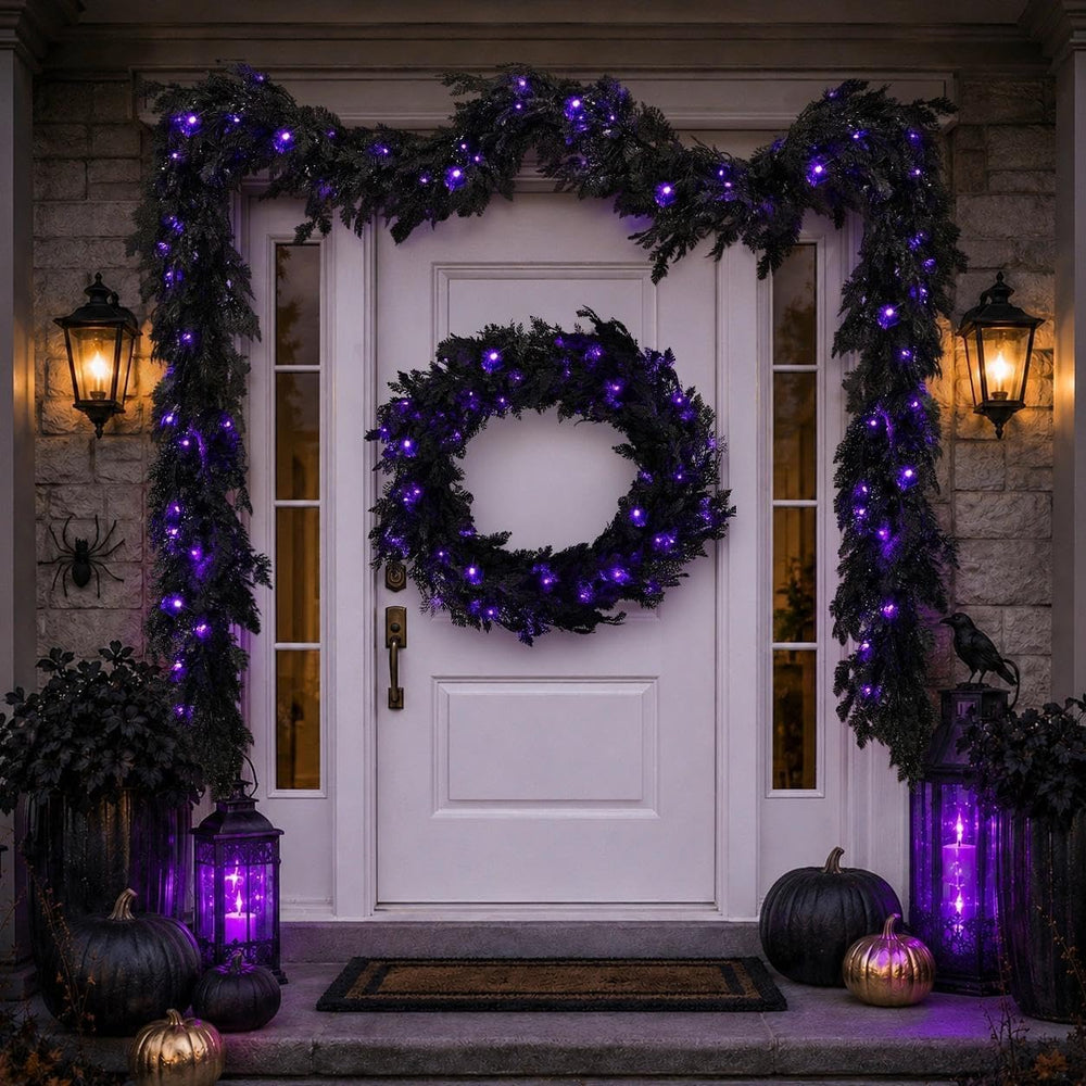 Pre-Lit Halloween Garland 9FT Decorations Black Real Touch Cedar Cypress Pine...