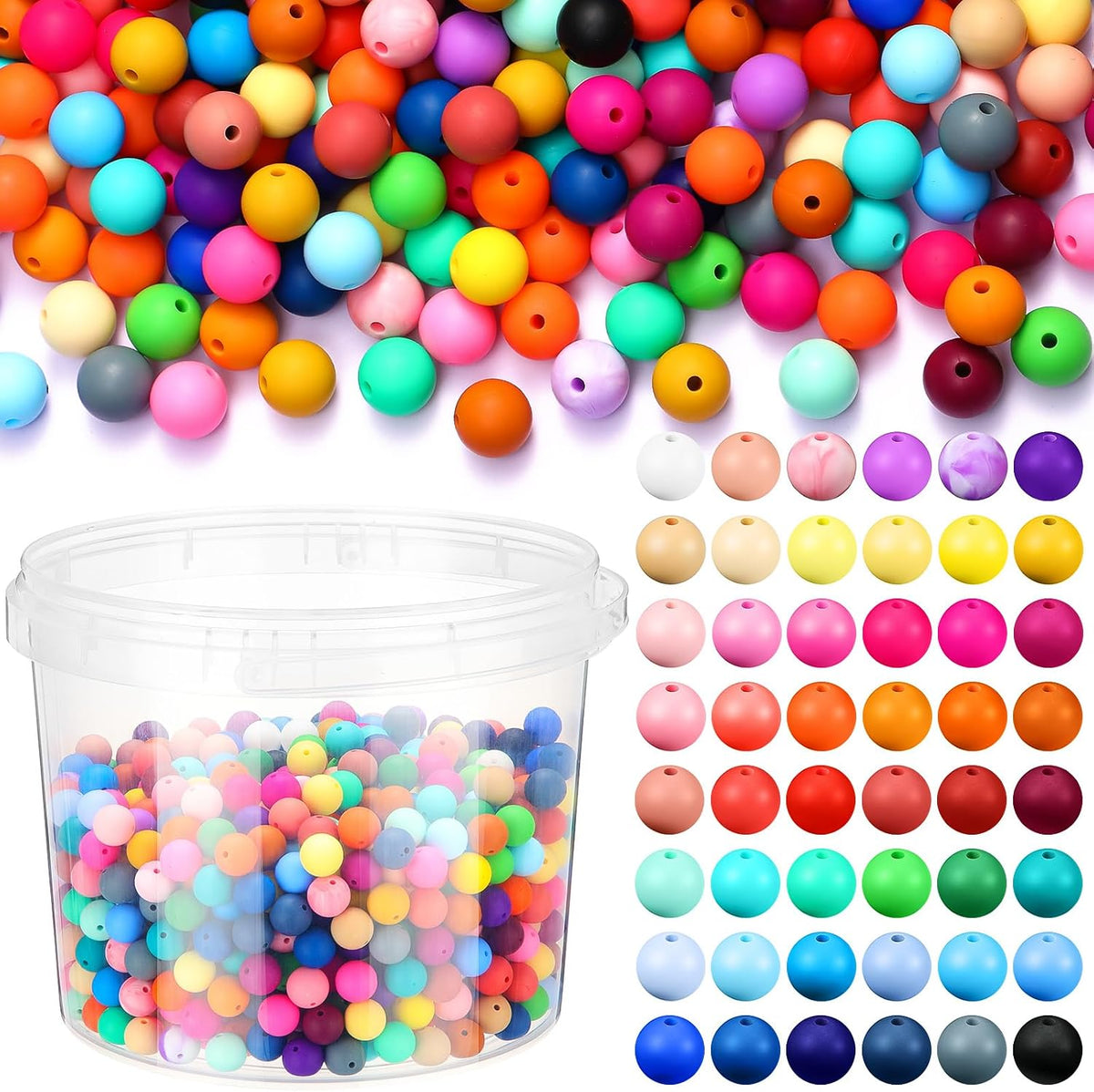 Hotop 624 Pcs Round Silicone Beads Bulk for Keychain Making Kit 48 Colors Rubber Beads Silicone Focal Bead Loose Bead for Necklace Bracelet Lanyard Making (15 mm)