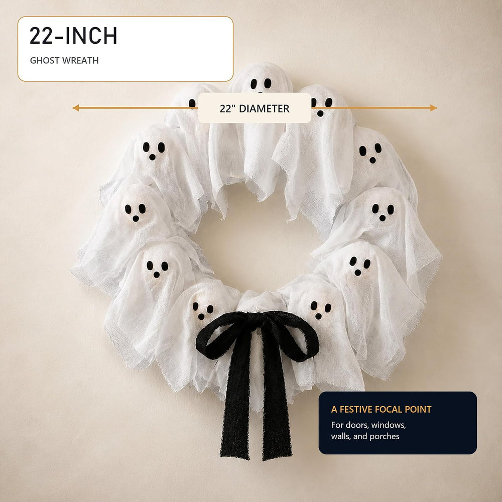 Ghost Wreath, Front Door Halloween Decor, 22-Inch Lit with Remote and Timer