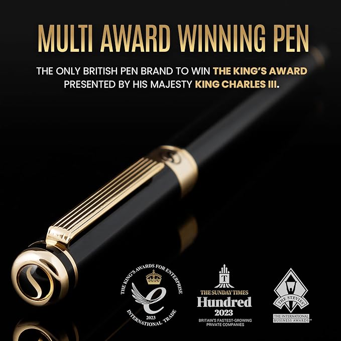 Scriveiner Black Lacquer Fountain Pen - Stunning Luxury Pen, Real Gold Plating, Schmidt Gilded Nib (Fine), Best Pen Gift Set for Men & Women, Professional, Executive, Office, Nice Pens