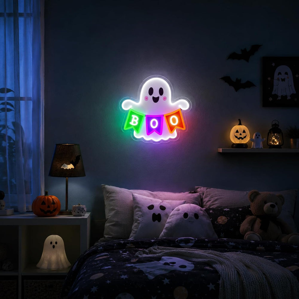 Halloween Ghost Neon Sign BOO Banner LED Neon Light Halloween Party Decor