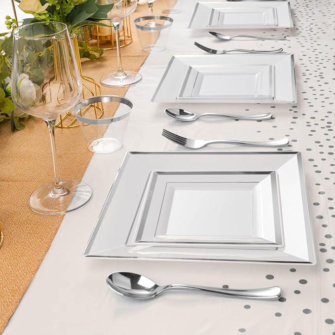 Goodluck 352 Piece Silver Dinnerware Set for 50 Guests, Square Plastic Plates with Silver Trim, Include: 100 Plastic Plates, 50 Rolled Napkins, 50 Cups, 50 Cutlery Set and 2 Tablecloth