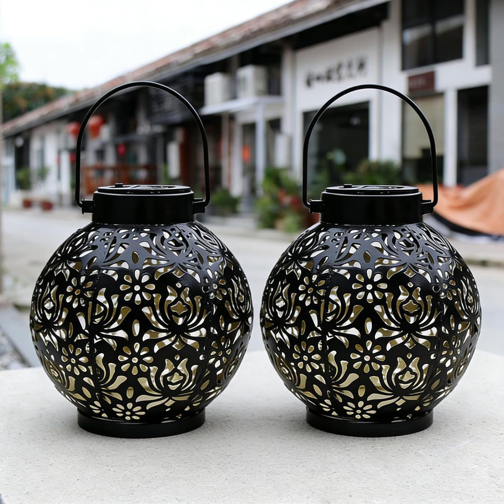 2 Pack Solar Lanterns Outdoor, Classic Black Flower