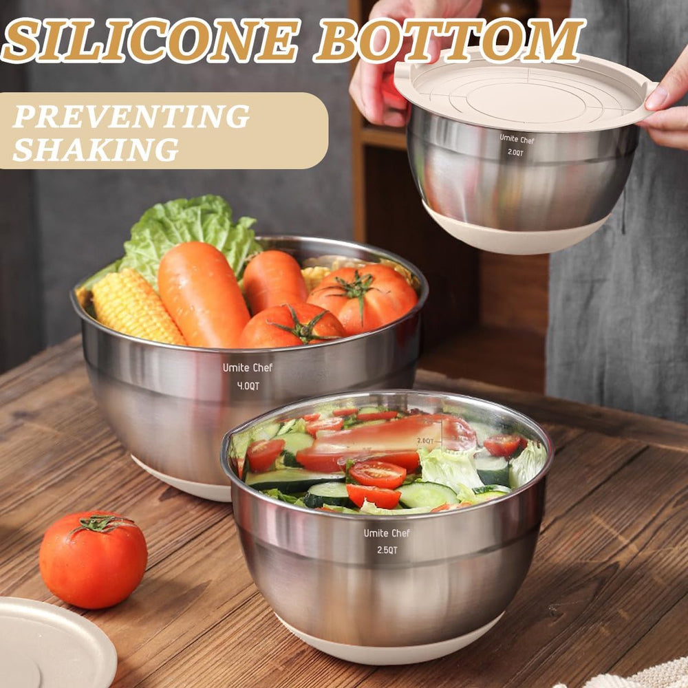 Mixing Bowls with Airtight Lids Set, 26PCS Stainless Steel Khaki Bowls with G...