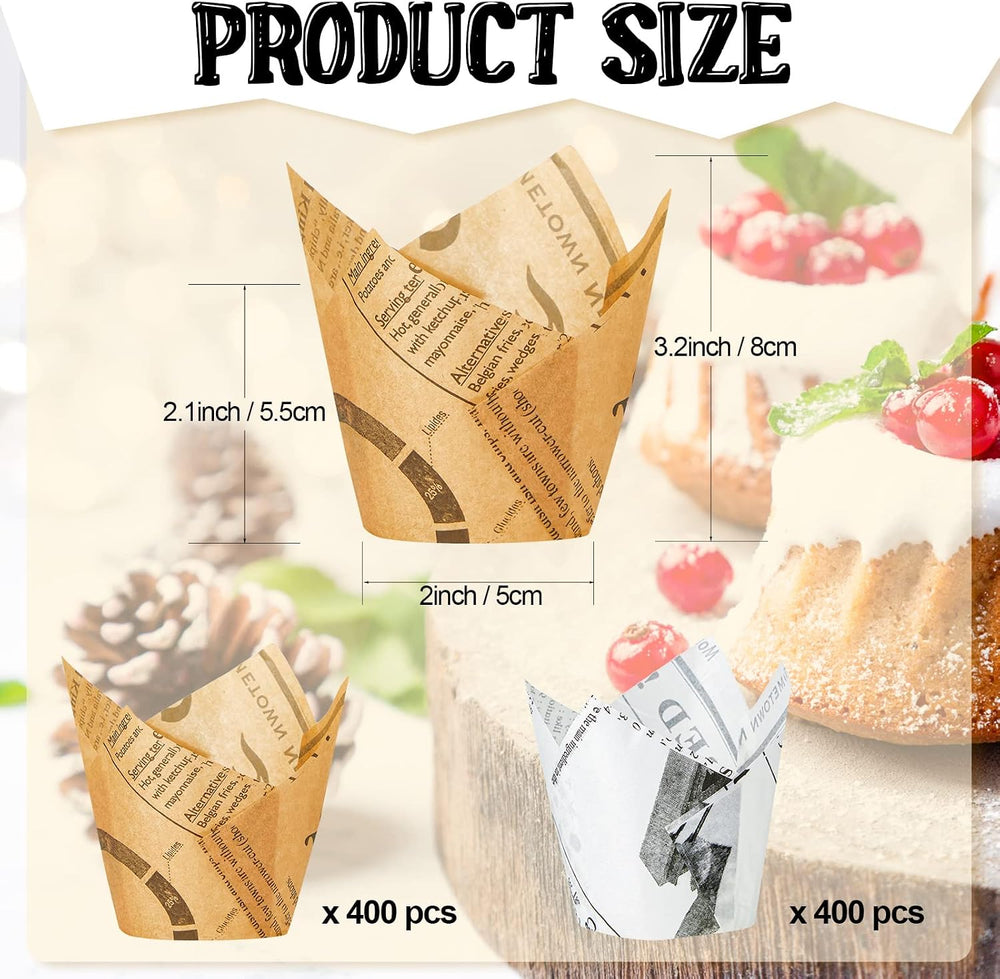 Potchen 800 Pcs Tulip Cupcake Liners Baking Cups,Newspaper,Retro Style