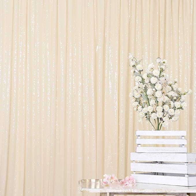 ShinyBeauty 20ftx10ft Sequins Fabric Backdrop Curtain-Ivory Backdrop for Photoshoot Beige Glitter Backdrop for Parties Ivory White Photo Backdrop Wedding Decoration