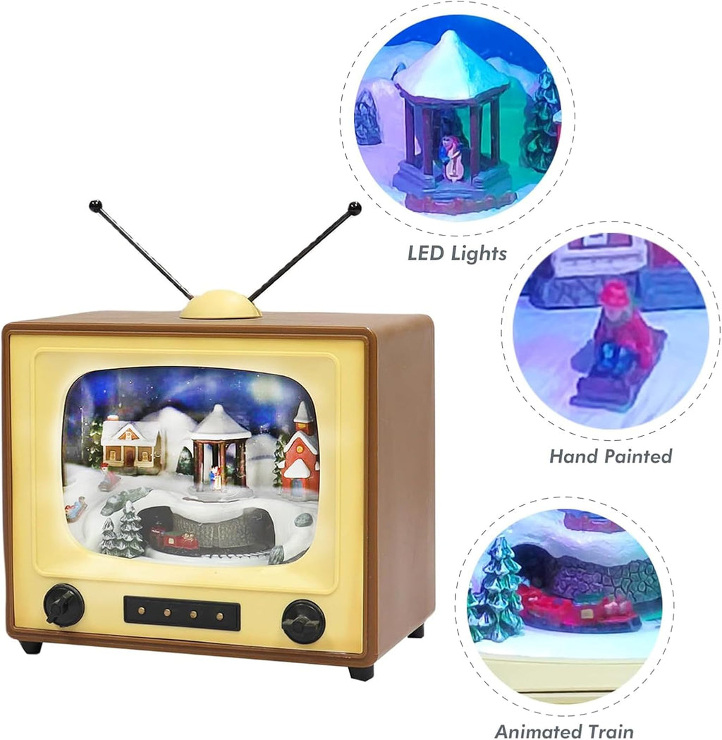 moments in time 6" retro tv christmas village shown in use
