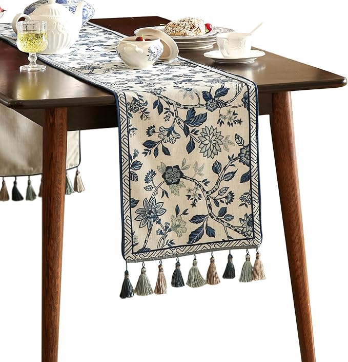Decorative Small Linen Table Runner 63 Inches Long,Chinoiserie Blue Floral Cloth Runner for Coffee Table Decor Tabletop Table Runners for Kitchen,Dining,Party,Home,Christmas,12"*63"