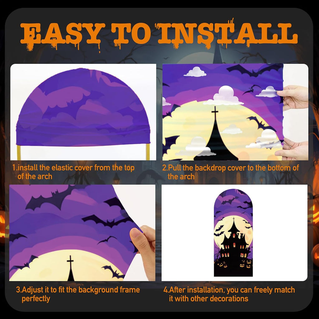 3 Pcs Halloween Arch Cover 4ft, 5ft, 6ft Arch Covers Stretchy Backdrop Skeleton Ghost Bat Horror Style Backdrop Cover for Halloween Party Photo Background Arch Stand Stretchy Decoration