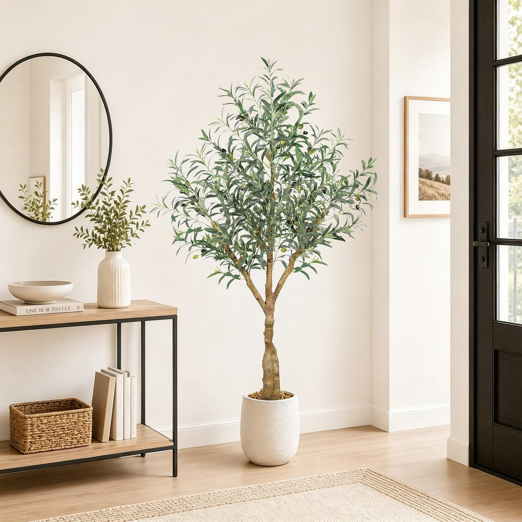 Olive Trees Artificial Indoor, 5FT Tall Faux Olive Tree with Lush Leaves and Lifelike Fruits, Artificial Plants in Sturdy Pot for Indoor Home Office Living Room Decor