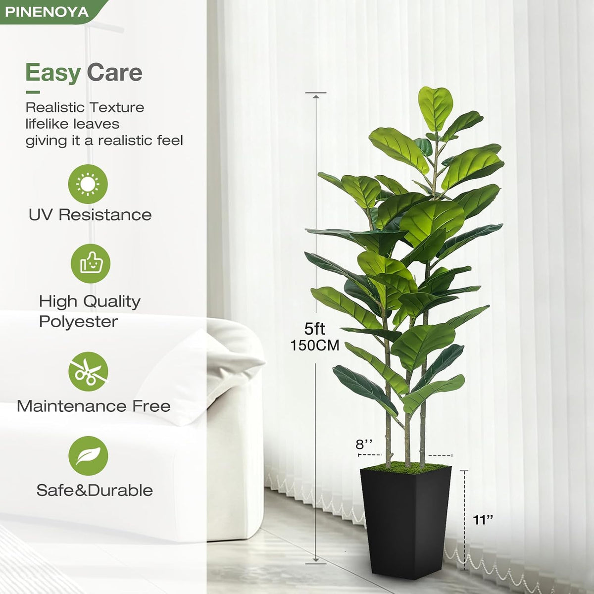5FT Artificial Fiddle Leaf Fig Tree in Modern Black Planter