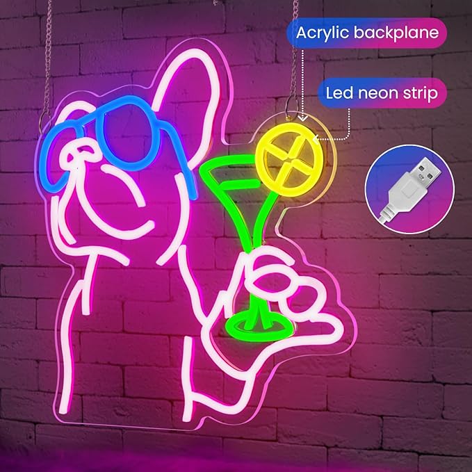 French Bulldog Drinking Cocktail Neon Sign,Bulldog Cocktail Bar Led Neon Signs for Wall Decor,Funny Dog Neon Light Up Sign,Neon Bar Signs for Bedroom Man Cave Party,French Bulldog Gifts