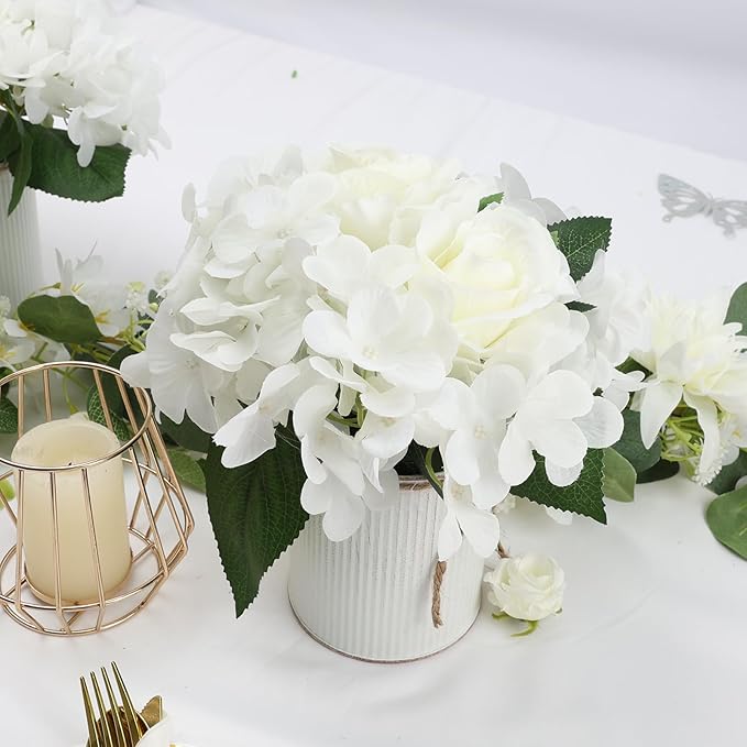 Flower Table Centerpieces - Set of 6 Floral Arrangement Artificial Wedding Hydrangeas Floral Arrangement with Rustic Metal Vase for Bridal Tea Party Event Decorations - White