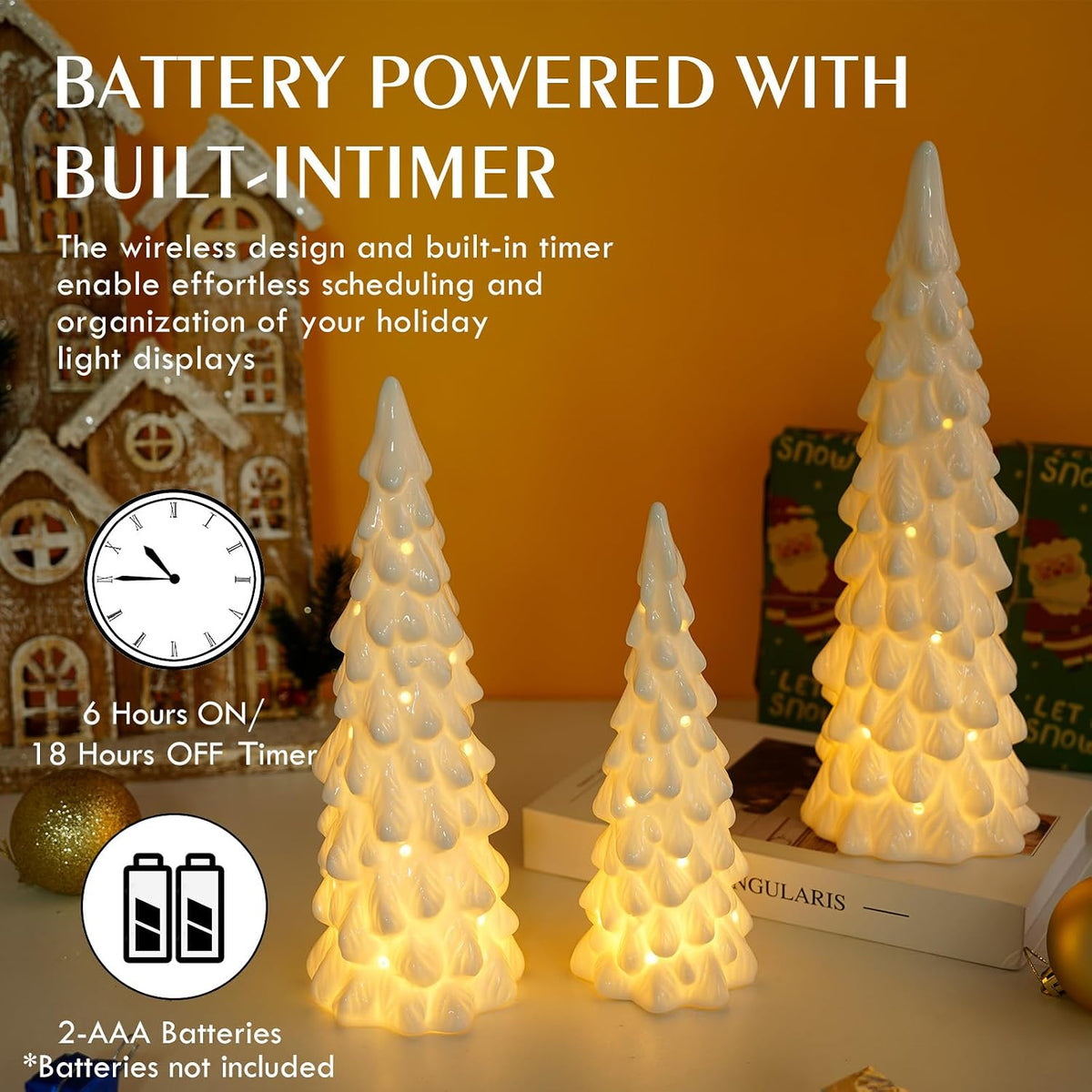 white ceramic christmas trees with lights, table top, side view