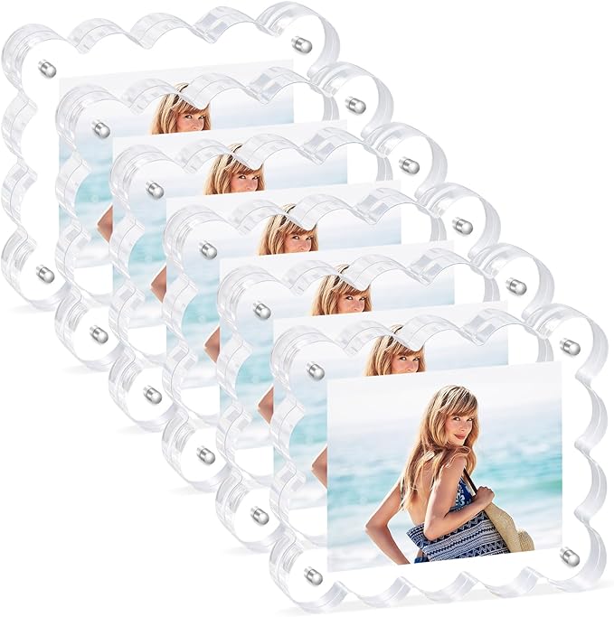 6Pack Magnetic Acrylic Picture Frames 2×3 Inch - Scalloped Glass Frame with 10+10mm Thick Block, Double Sided Clear Frames for Desktop Display | Trendy Home Gift