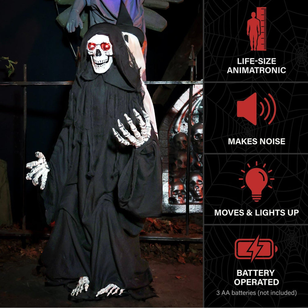 Haunted Hill Farm 3.9-Ft. Sitting Reaper w/Hide and Seek Ghost Animatronic