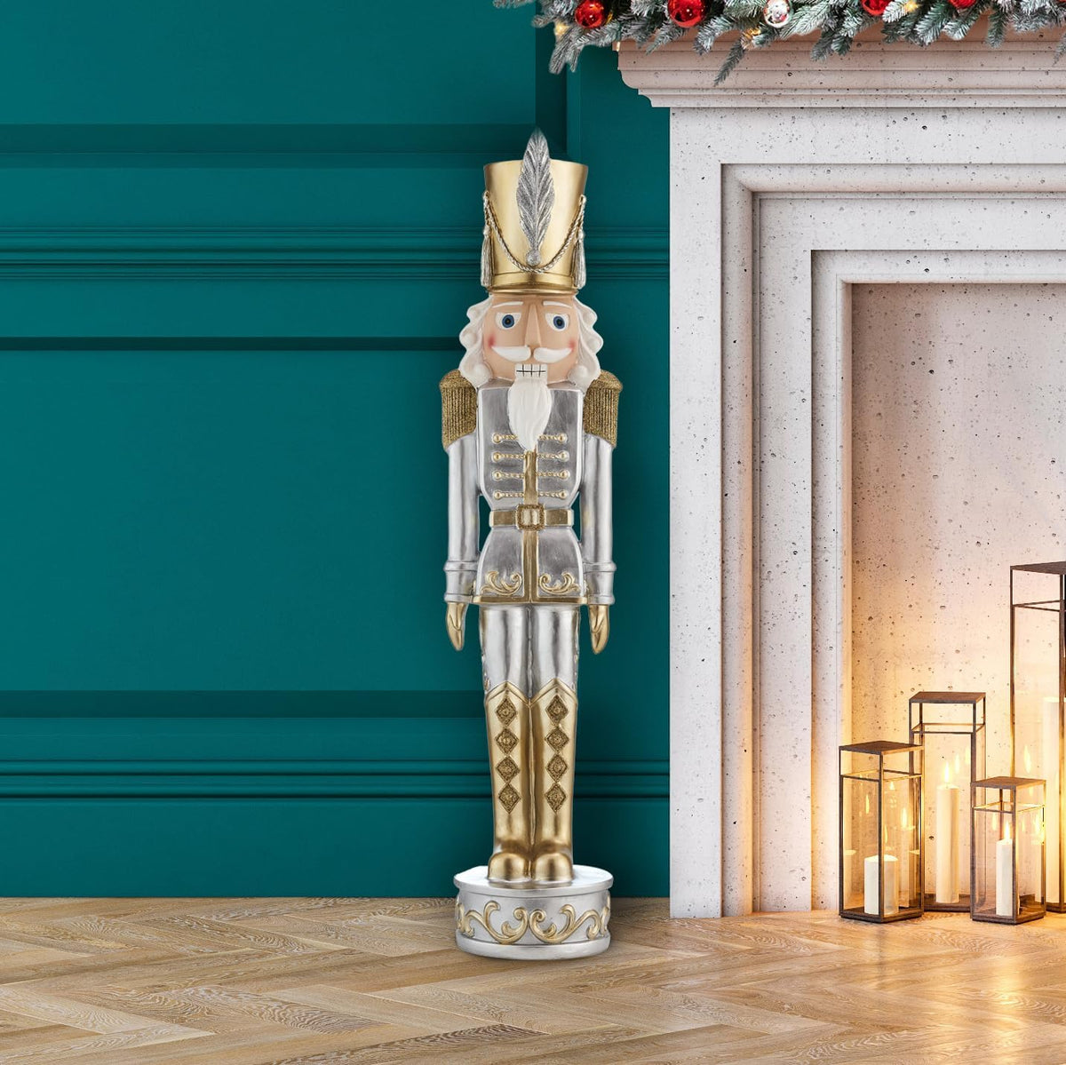 haute decor christmas nutcracker - gold and silver shown in use