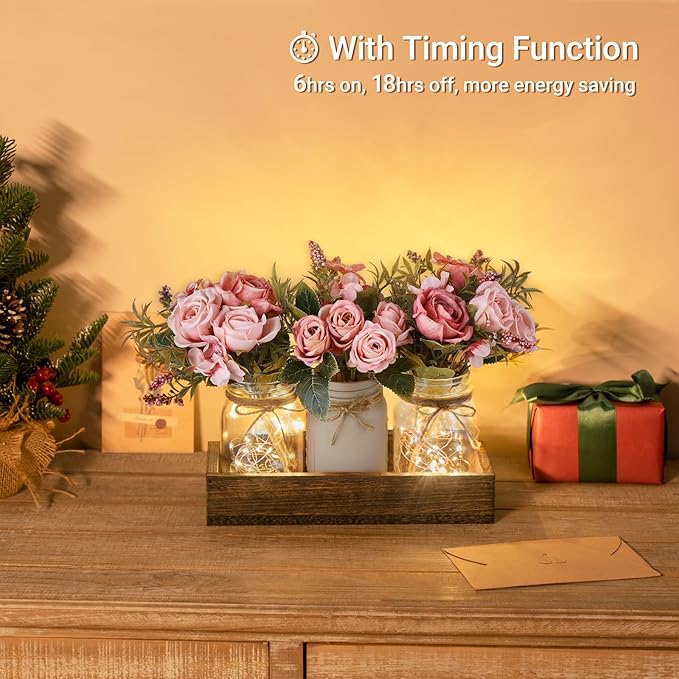 Mkono Mason Jar Lights Centerpiece Table Decorations For Dining Room Farmhouse Table Decor Tray With 3 Jars Flowers Arrangement Summer Decor For Kitchen Living Room Wedding, Pink