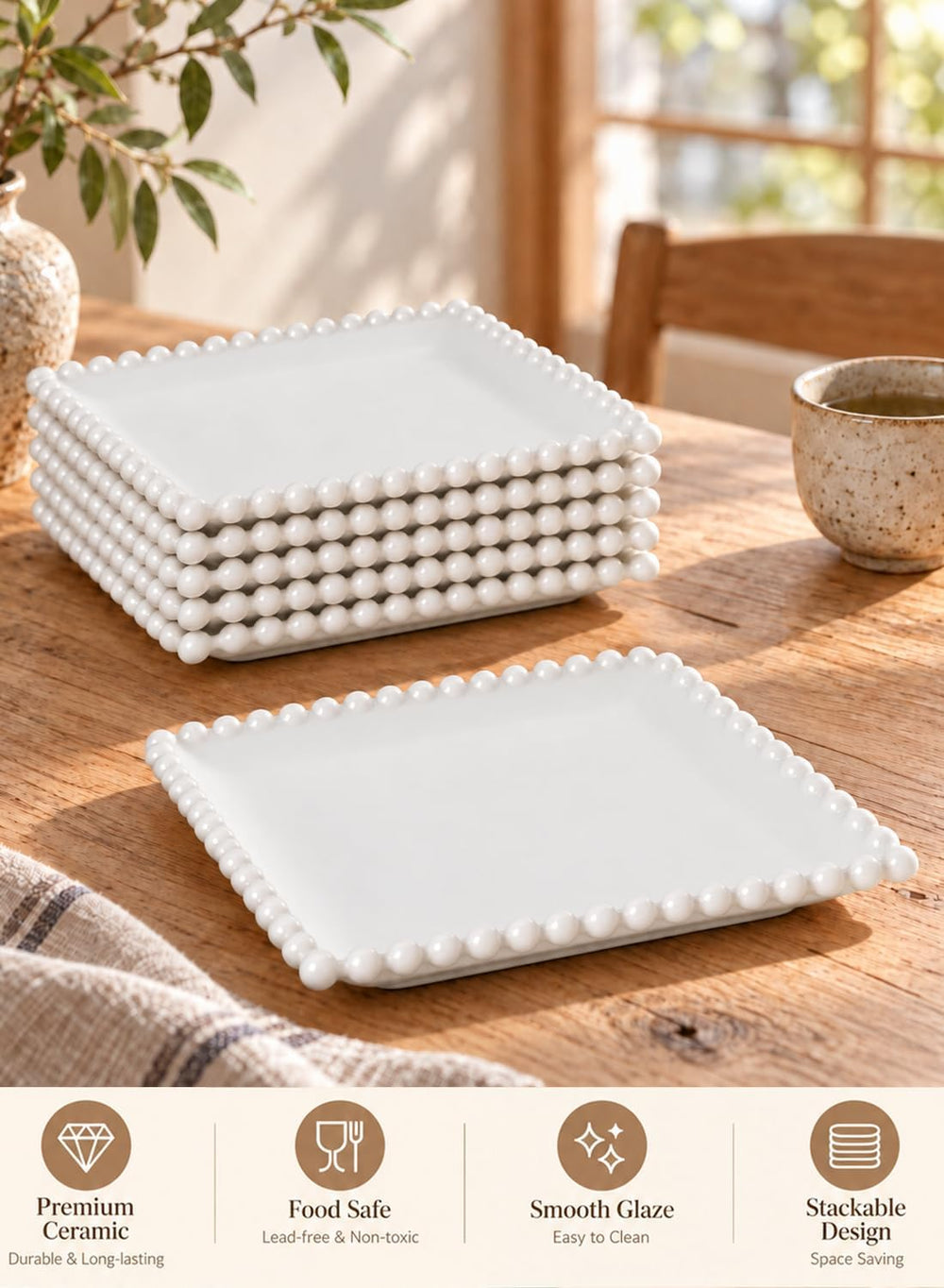 8.5 Inch Ceramic Square Pasta Plates, White Porcelain Dinner Plate Set of 6