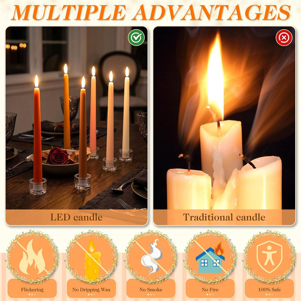 Baquler 24 Pcs 11'' Fall Flameless Taper Candles Brown LED Candlesticks
