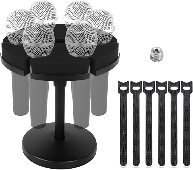 Multi Microphone Holder, Wired and Wireless Mic Holder for Stand, Hold Up to 6 Microphones, Aluminum, Black with stand (Desk)