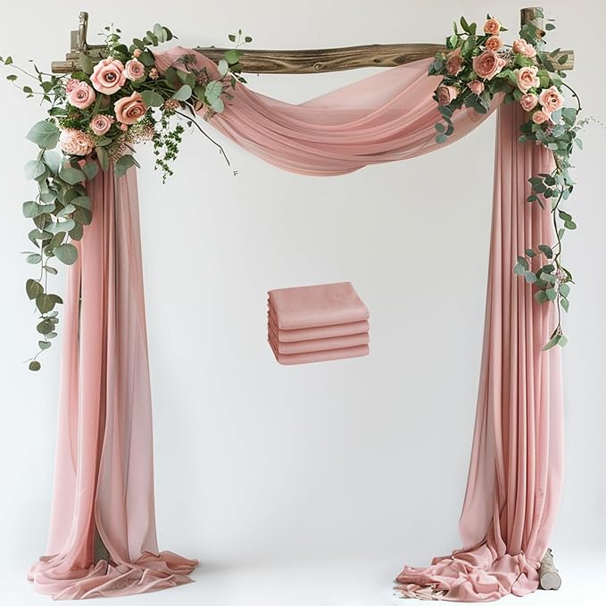 Wokceer Dusty Rose Wedding Arch Draping Fabric Backdrop 4 Panels 28.7" X 20FT Sheer Drapes Fabric for Wedding Arbor Ceremony Party