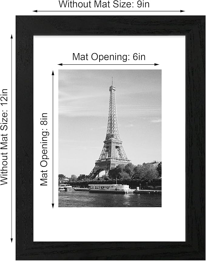 9x12 Picture Frame Set of 4 with Tempered Glass, Black Frames Display 6x8 Picture with Mat or 9 x 12 Without Mat, Wood Photo Frames for Tabletop Display and Wall Mounting