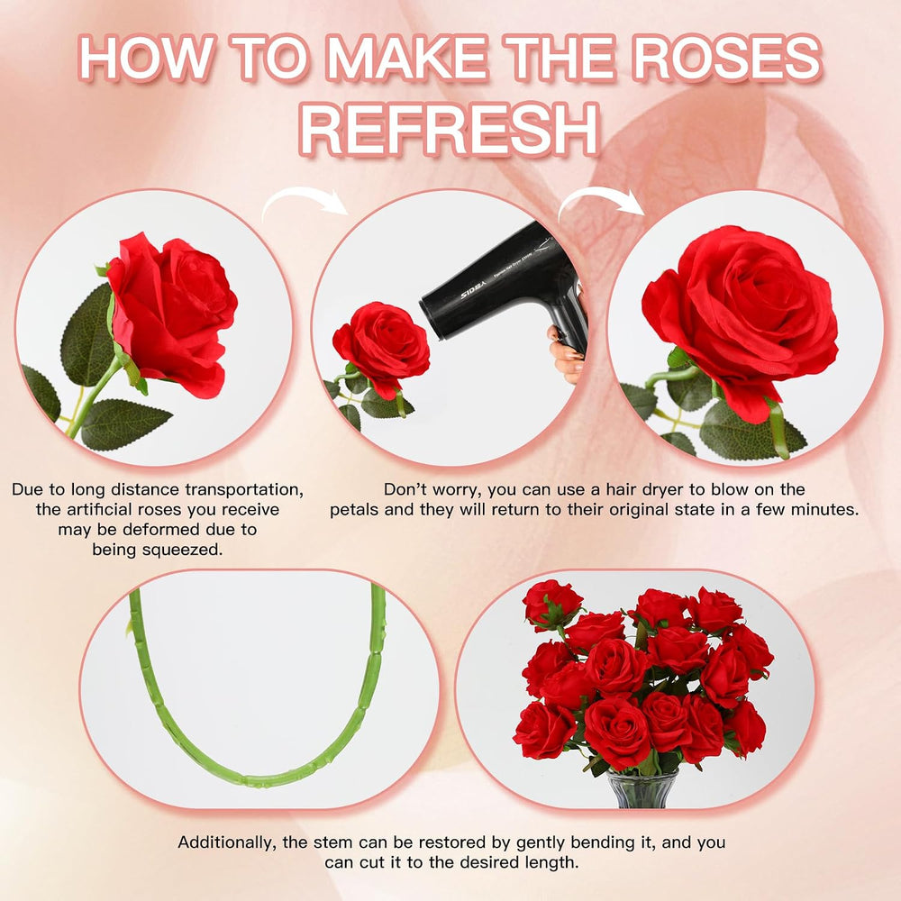 50pcs Fake Red Roses Bulk, Silk Roses Artificial Flowers with Long Stem