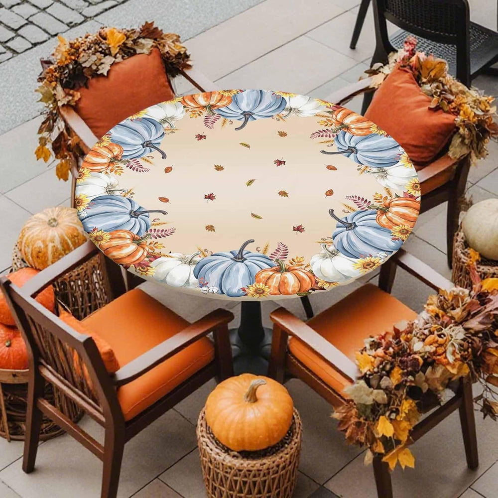 Fall Pumpkin Round Table Cloth Thanksgiving Fitted Tablecloth,Maple Leaves Ta...