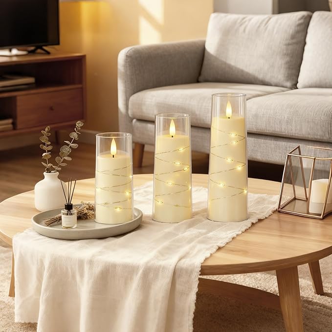 Raycare Flameless Candle with Remote Timer, 7 Flickering Acrylic Battery Operated LED Pillar Candles with Embedded Star String for Halloween, Home Decor, and as a Gift(Ivory) (7 Pack)
