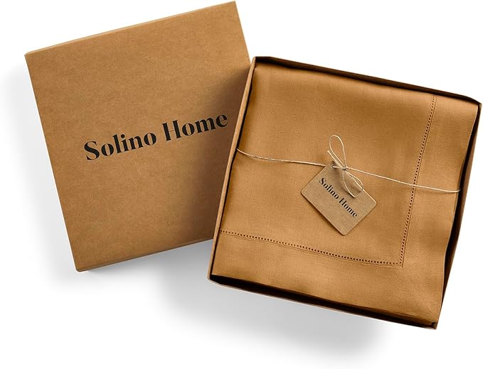 Solino Home Brown Sugar Linen Tablecloth 60 x 90 Inch - Classic Hemstitch, 100% Pure Linen Rectangular Tablecloth - Machine Washable Table Cloth for Fall, Autumn, Thanksgiving