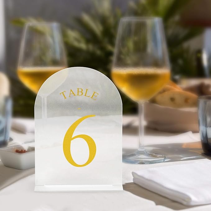 JOYIT Frosted Arch Wedding Table Numbers 1-50 with Stands – 5" X 7" Acrylic Gold Table Number Holders, Perfect for Wedding Receptions, Parties, Anniversaries, and Events