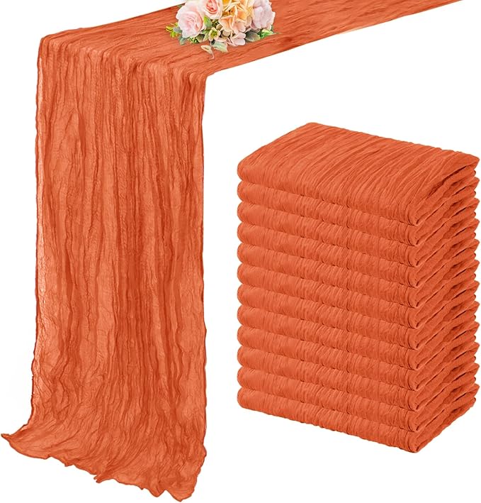 Orange Cheesecloth Table Runner 12 Pack 10FT Boho Fabric Rustic Cheese Cloth Table Runner for Wedding 20 x 120 Inch Long Bridal Shower Baby Shower Gauze Sheer Birthday Party Table Decorations
