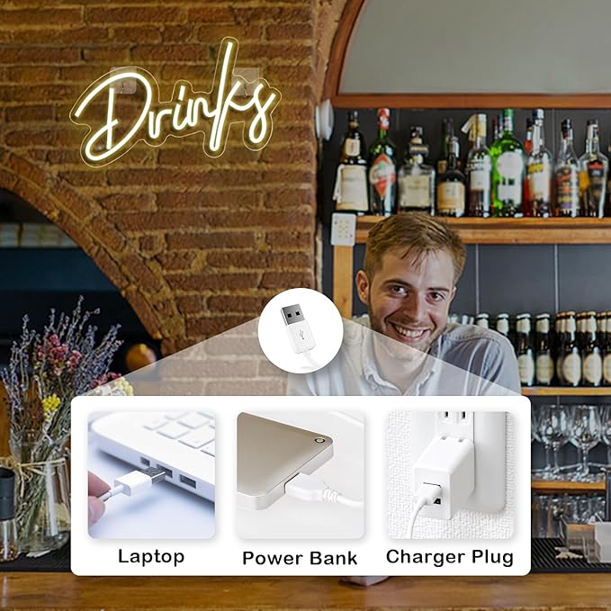 Looklight Drinks Neon Sign,Letters Bar Neon Light,Led Neon Signs for Wall Decor,Warm White Neon Light Sign,USB Light Up Sign for Kitchen Restaurant Bar Cart Accessories Christmas