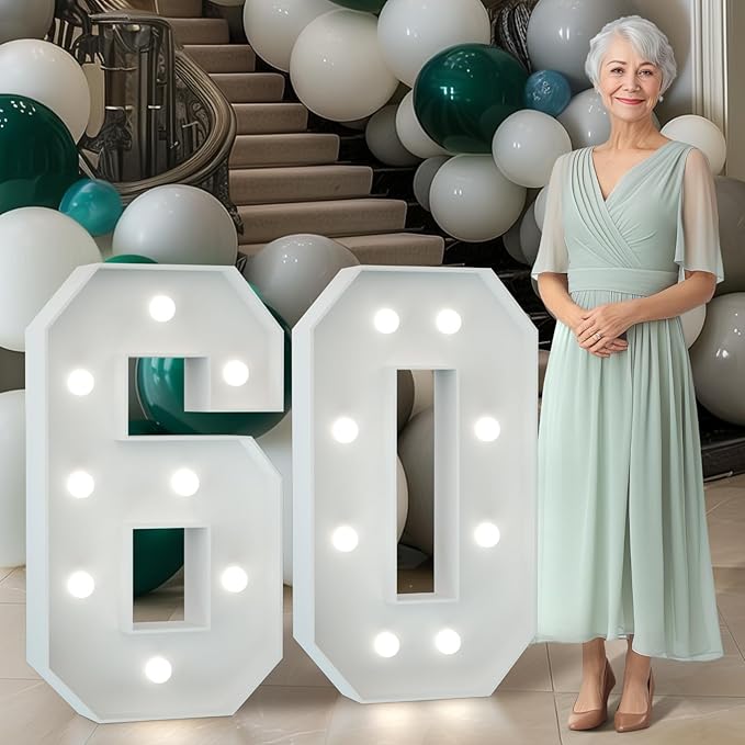 Marquee Numbers 3 Feet Tall Big Light Up Numbers 60th Birthday Decorations Women Men White Anniversary Party Decor Large Cardboard Prop Backdrop Sign 60