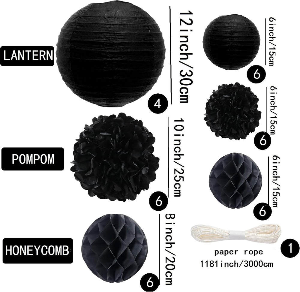 WOLHOWLTD Black Paper Decoration Set - 34 Pcs Paper Lanterns, Pompoms, Honeyc...