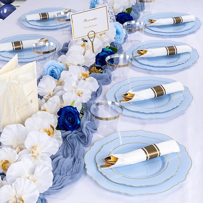 Liacere 350PCS Bule Plastic Plates - Disposable Bule and Gold Plates 50guest Baroque Plastic Dinnerware include 100Plates, 50Pack Pre Rolled Napkins with Silverware 50Cups for Wedding&Mother's Day