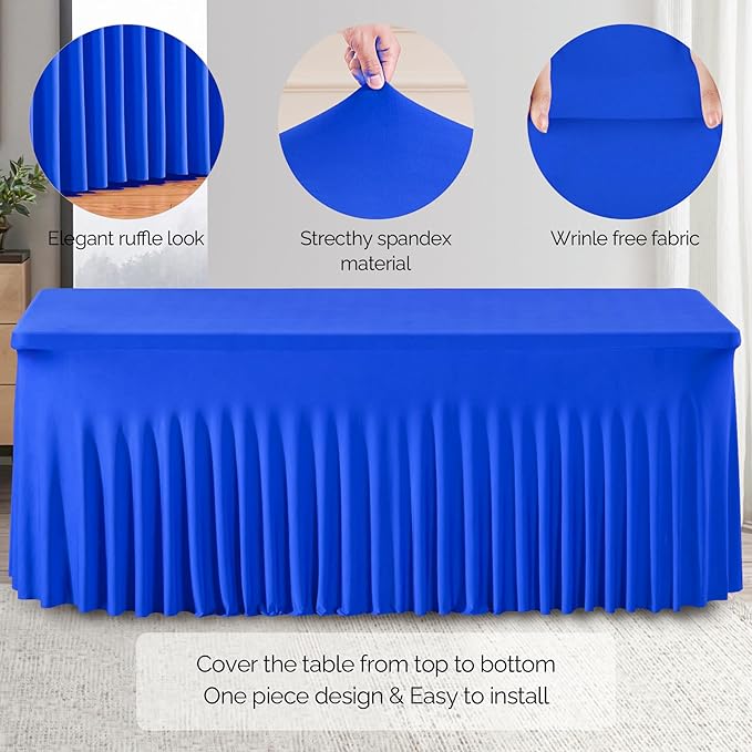 Wish Care 2 Pack Royal Blue Spandex Table Clothes for 4 Foot Rectangle Tables, 4FT Wrinkle Free Fitted Tablecloths Ruffles Design Table Cloth for Party, Banquet, Wedding and Events