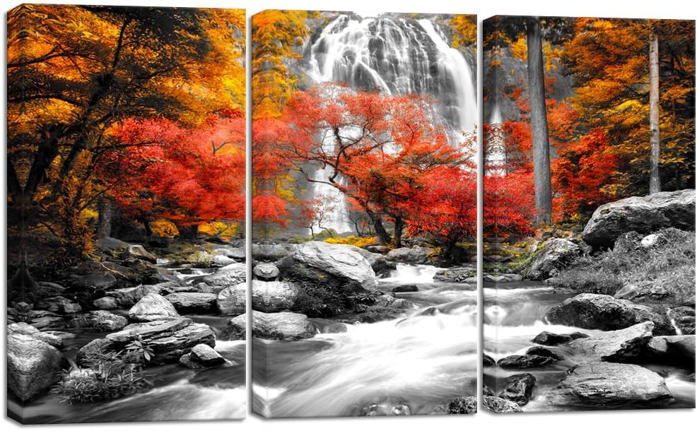 Visual Art Decor 3 Pieces Black White Red Canvas Wall Art Yellow Orange Trees Forest Waterfall Lake Picture Prints Nature Fall Scenery Paint for Modern Home Living Room Office Decoration (01, 12x24x3)