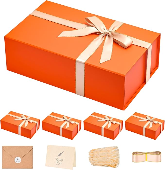 LIFELUM Gift Boxes 13.85 x 8.35 x 4.45 inch 5 Pack Gift Boxes with Lids Contains Card, Ribbon, Shredded Paper Filler (Orange)