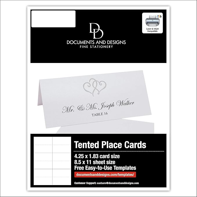 Linked Hearts Printable Place Cards, Silver (Choose Color), Set of 150 (25 Sheets), Laser & Inkjet Printers - Wedding, Party, Dinner, and Special Events - Made in the USA
