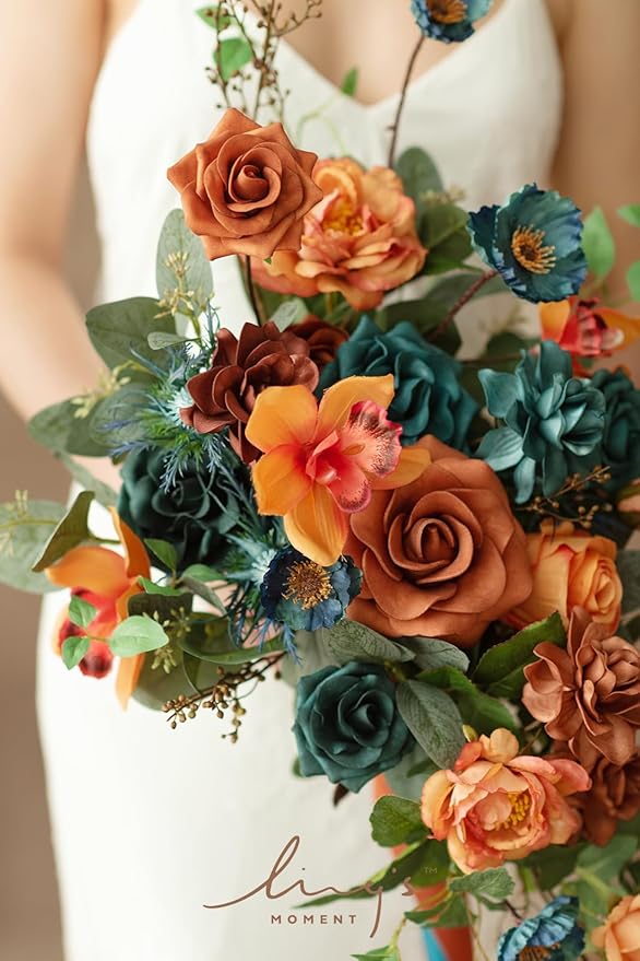 Ling's moment Teal Bridal Bouquet Cascading, Burnt Orange Wedding Bouquets for Bride, 13 Inch Terracotta Rust Fall Artificial Wedding Flower Bouquet