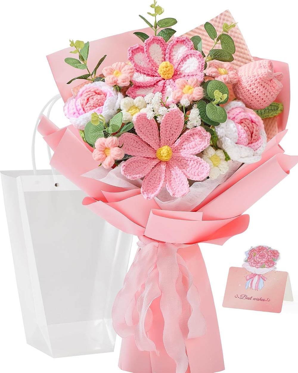 Alecono Crochet Flower Bouquet, Pink Handmade Knitted Flowers, Crochet Tulips...